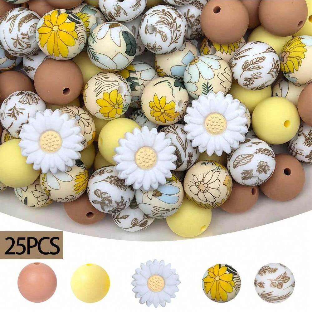 25PCS daisy and floral printed silicone bead set, punk style, suitable for DIY keychains, bracelets, bead pens