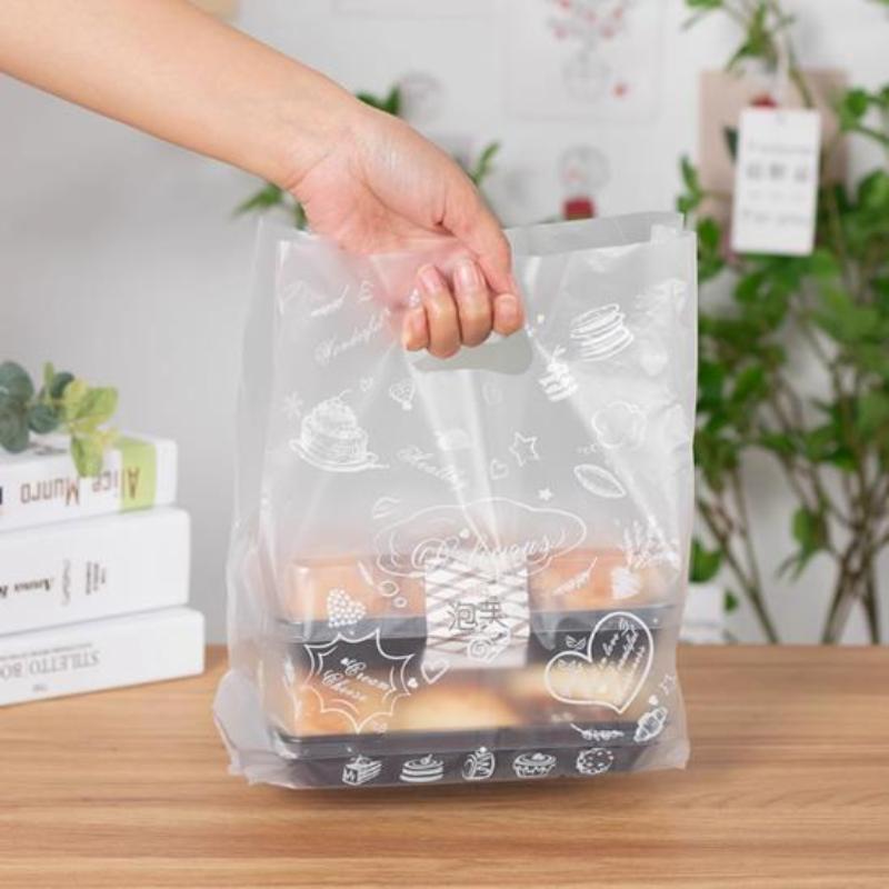 50Pcs Dessert Printed Plastic Gift Bags With Handle Gift Bag Perfect For Parties Holidays And Stores Cake Takeway Packing Bags