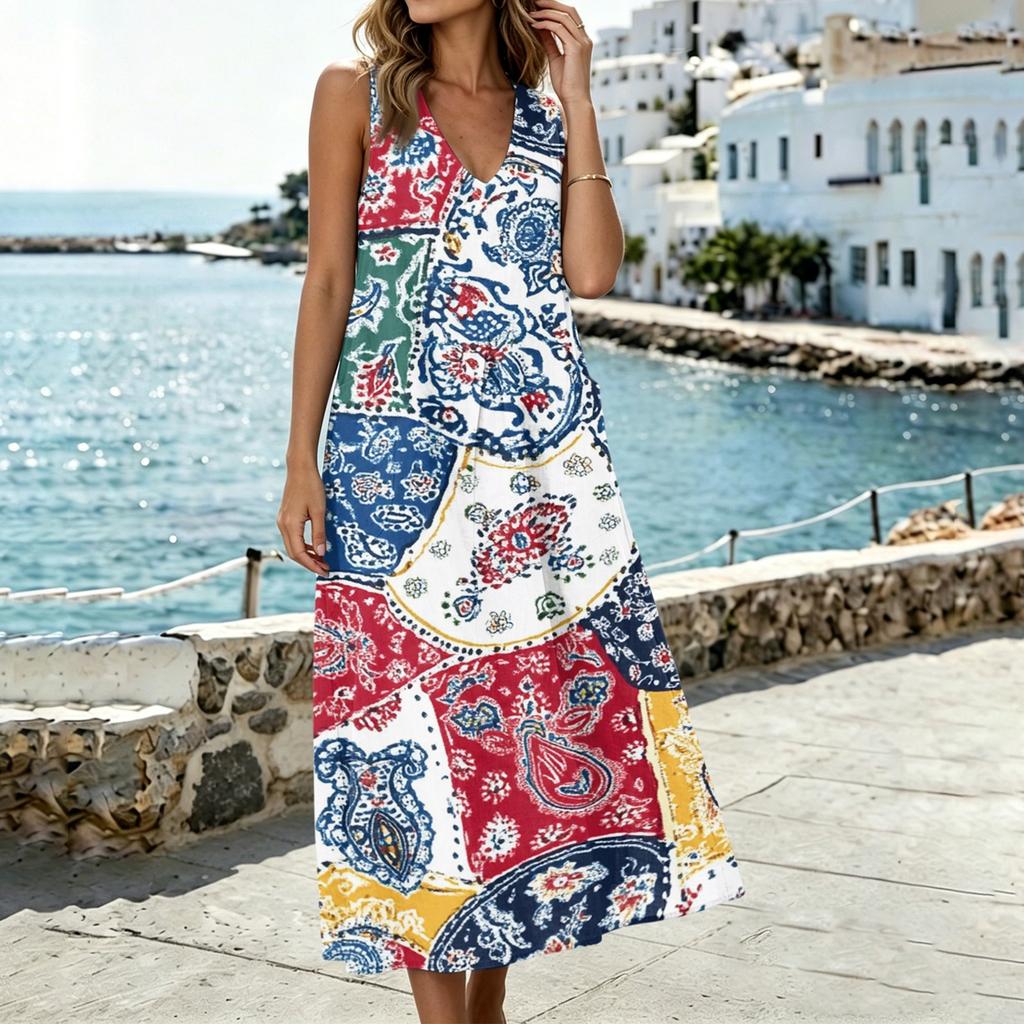 Women Sleeveless U Neck Pocket Split Hem Cotton Linen Dress with Floral Print Loose Fit Casual Style for Summer Wear
