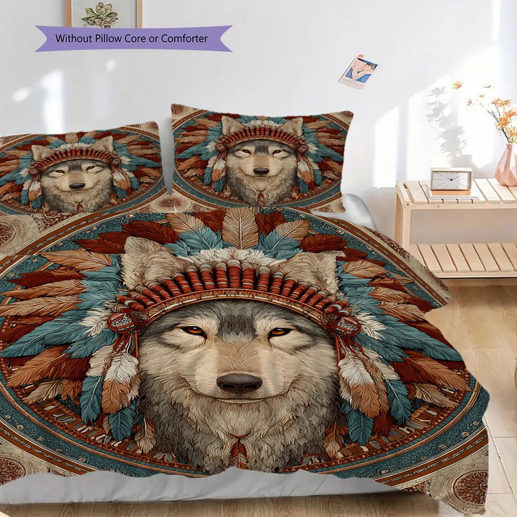 Primitive Wolf Pattern Bedding Quilt Set Quilt Cover Pillowcase Home Decoration Birthday Gift (1 * duvet cover + 2 * pillowcase, without core)