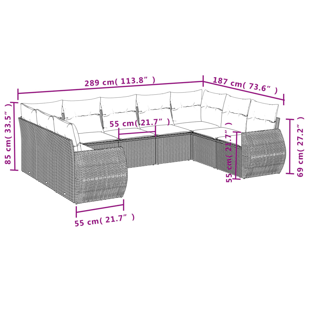 Vidaxl 9-Cz. Set di Mobili da Giardino con Cuscini, Grigio, Polyrattan