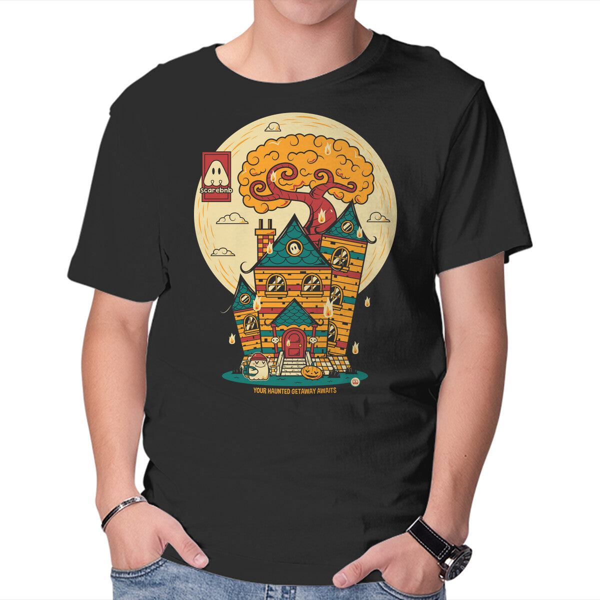 Unisex Crew Neck T-Shirt Haunted Getaway Graphic Short Sleeve Casual Tee M