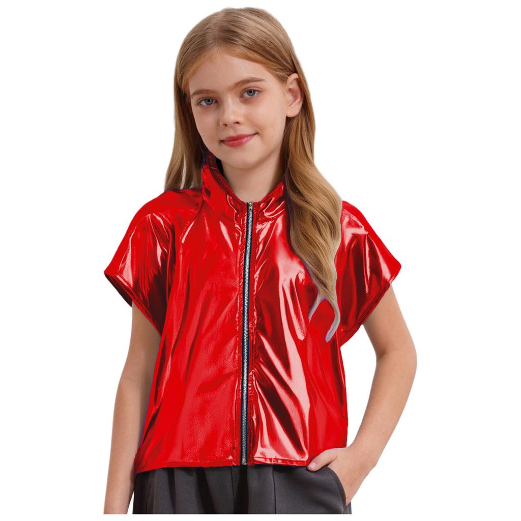 Boys Girls Metallic Hooded Vest Sleeveless Zipper Shiny Hoodie Jazz Dance Stage Performance Vest