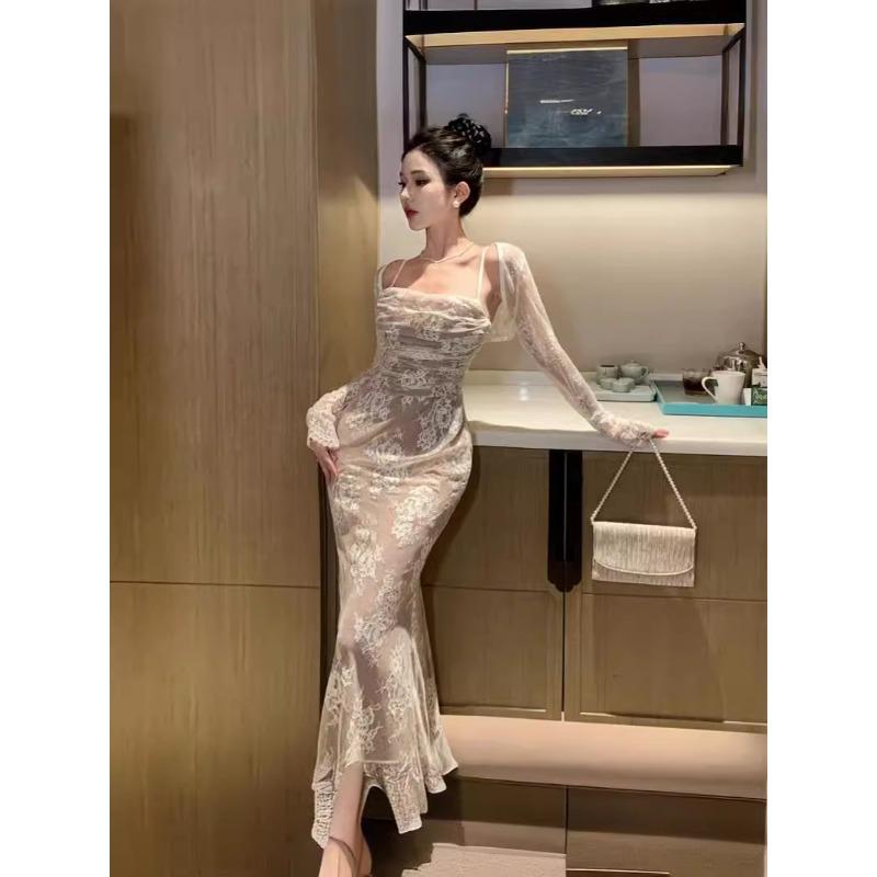 

French Lace Suspender Dress Sexy Tube Top Dress Smock Jacket Tall Mopping Light Dress Skirt S