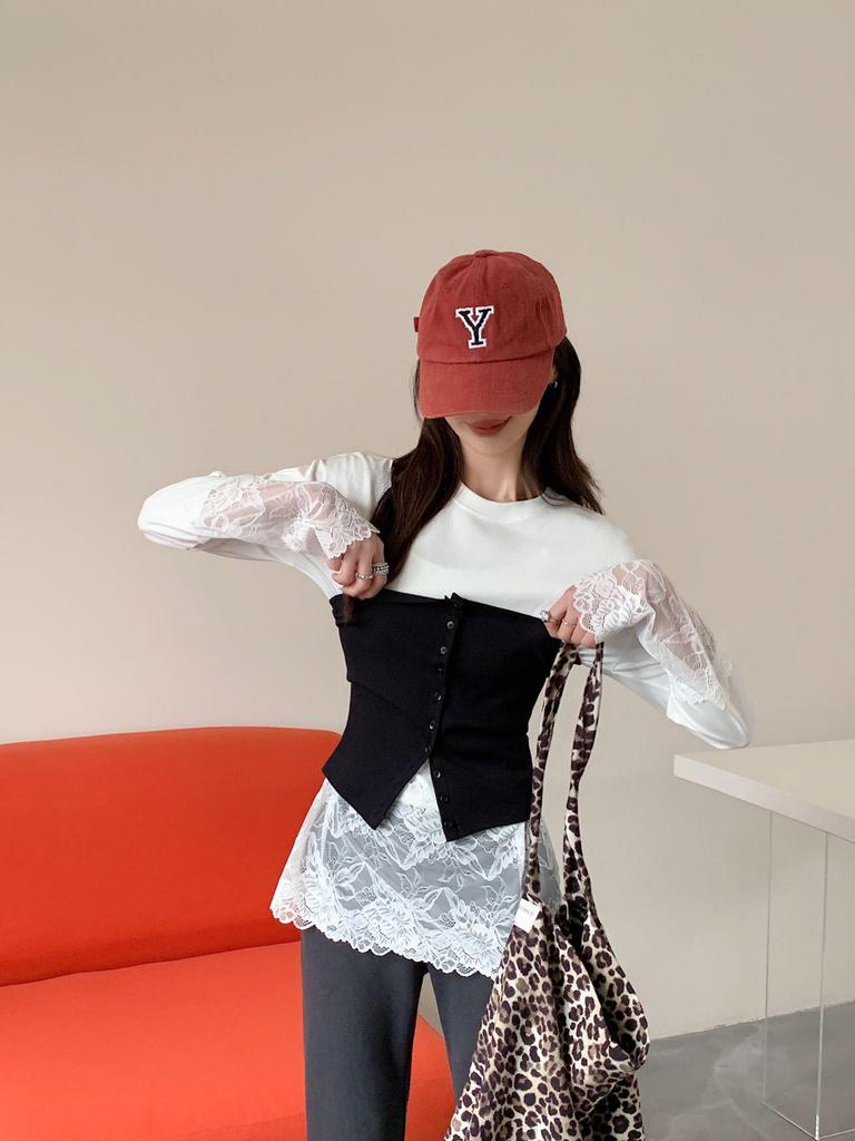 Women's Lace Crochet Patchwork Long Sleeve Casual Top - Summer/Autumn 2025