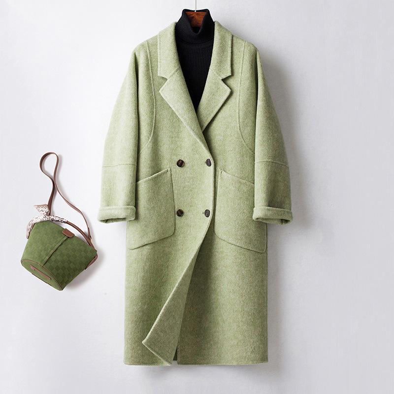 

Двустороннее кашемировое пальто ручной работы из шерсти серого цвета для женской осенне-зимней коллекции, новое свободное средней длины, утолщенное шерстяное пальто L