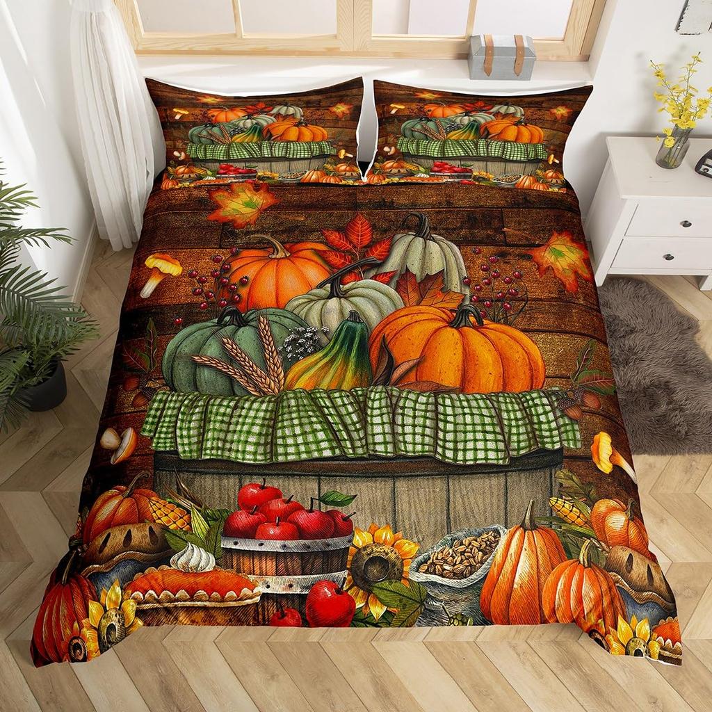 Fal Bedrom Decor Beding Set Twin Quen for Young Girls Women Autumn Harvest Theme Soft Duvet Cover Rustic Pumpkin Print Warm Comforter Cover