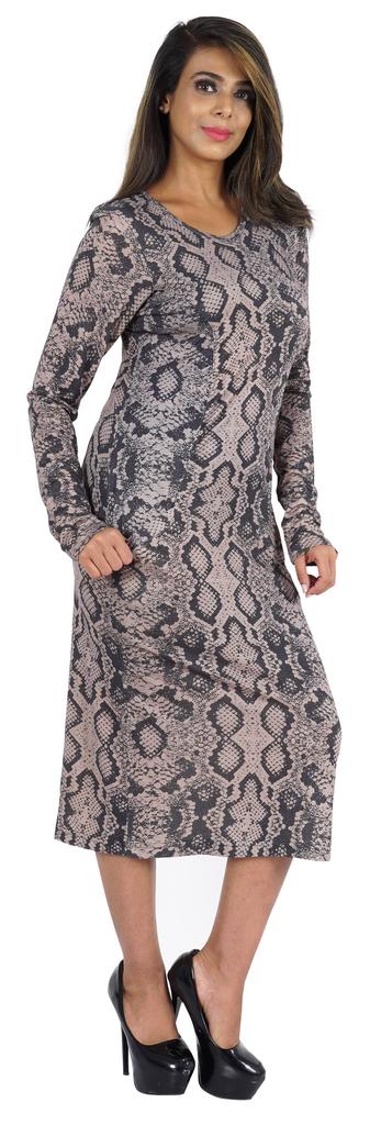 Bimba Printed Long Bodycon Dress With Pockets For Women Full Sleeves Dress Midi