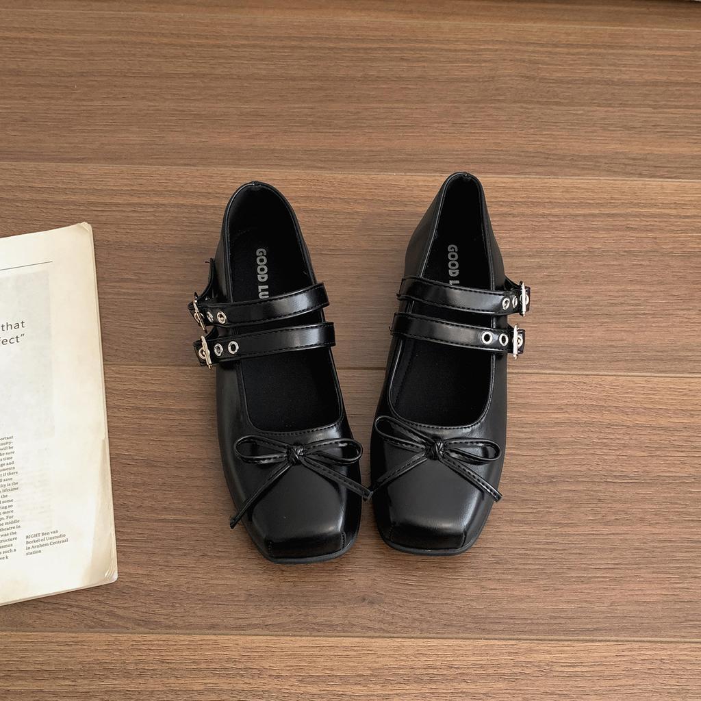 Black French Square Head Inner Height Increase Shallow Mouth Flat Sole Shoes Women's Summer 2025 New Skirt Height Increase Mary Jane Shoes