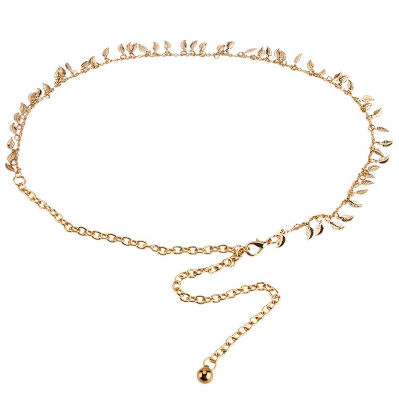 

Декоративная металлическая поясная цепочка с листьями для женщин, универсальный модный аксессуар высокого класса для юбки, пояс для женской талии, веревка для европейского и американского стиля