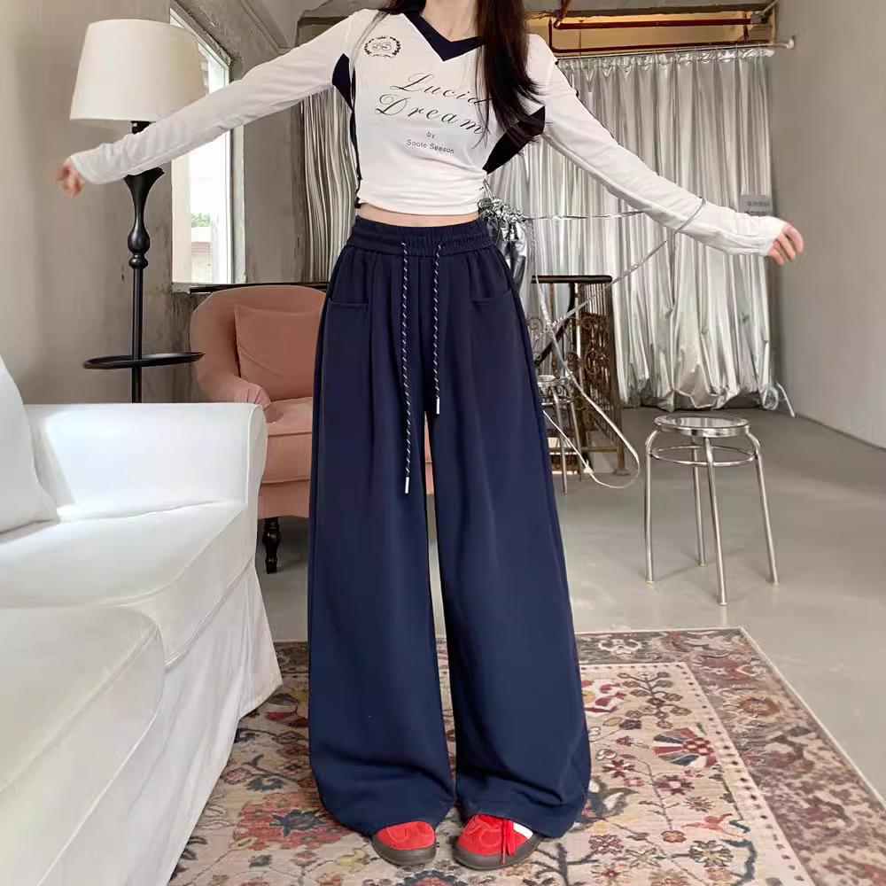 Drawstring High Waist Wide-leg Pants Straight Draped Floor Pants for Women's Autumn New Style Loose Lazy Style Casual Long Pants for Women