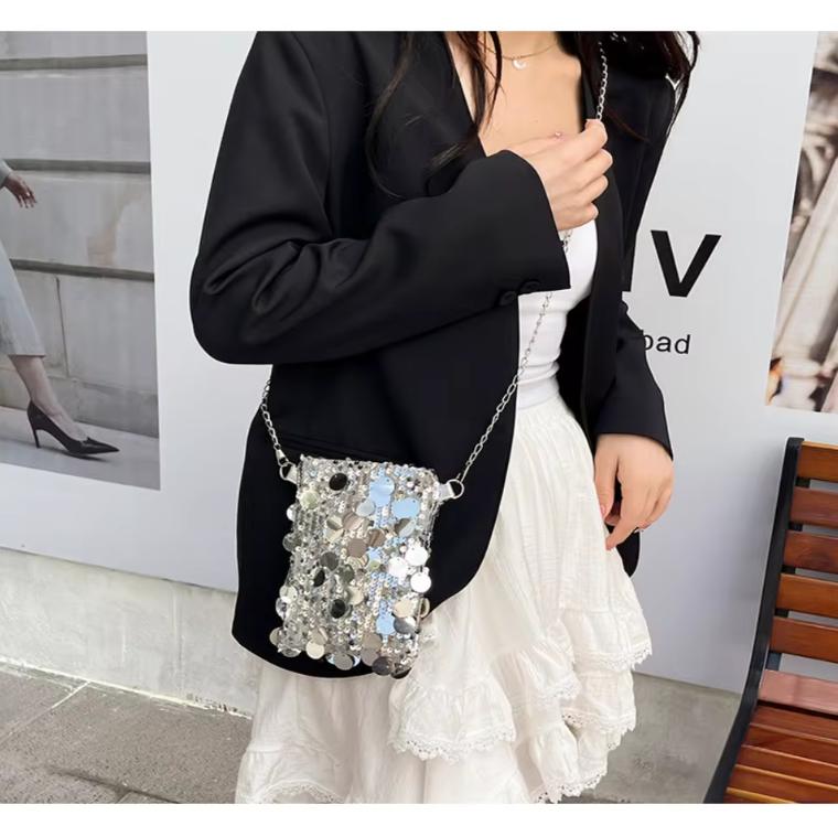 Korean Fashion Sequined Shoulder Bag Girls Phone Purse Crossbody Bag Wedding Handbags Mini Chain Glitter Evening Crossbody Bag