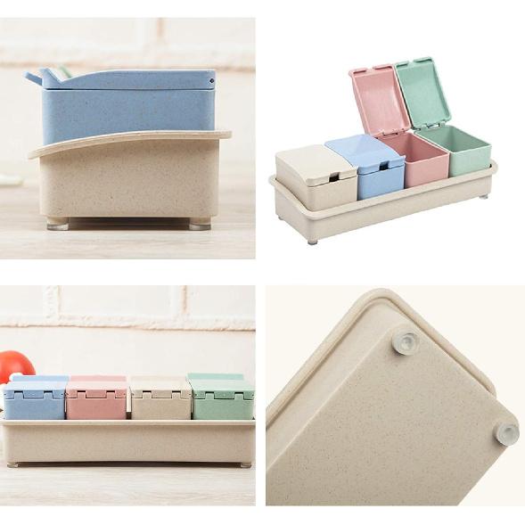 Condiment Containers with Lid and Spoon,Seasoning Box Condiment Jars with Spoons Seasoning Container for Kitchen and Home,Multicolors,Rice husk