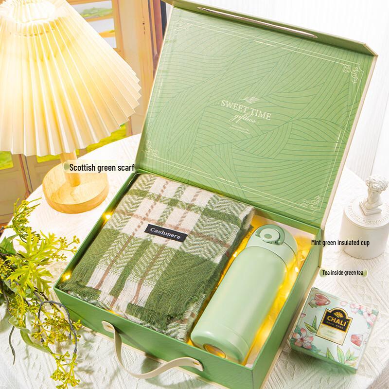 Forest Style Scarf & Thermos Gift Set Green Scarf, Mint Green Thermos, Chali Green Tea