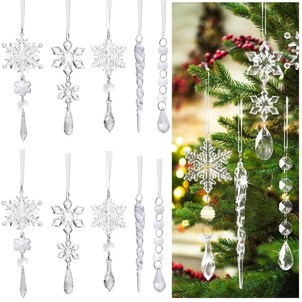 10pcs Crystal Acrylic Christmas Ornaments - Transparent Snowflake Icicle Hanging Ornaments for Christmas Tree