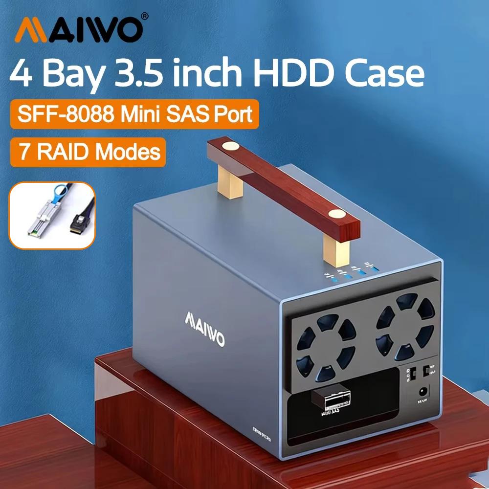 MAIWO 4 Bay Mini SAS to 3.5 inch SATA HDD Enclosure with SFF-8088 Port Type-C Hard Drive Storage Cabinet Support 7 RAID Modes