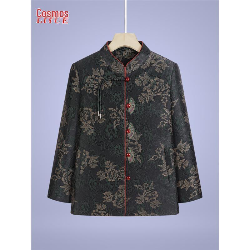 2025 Spring/Autumn Chinese Style Grandma Cardigan: Elegant, Turn-Down Collar Coat & Stand-Up Collar Top for Middle-Aged & Elderly