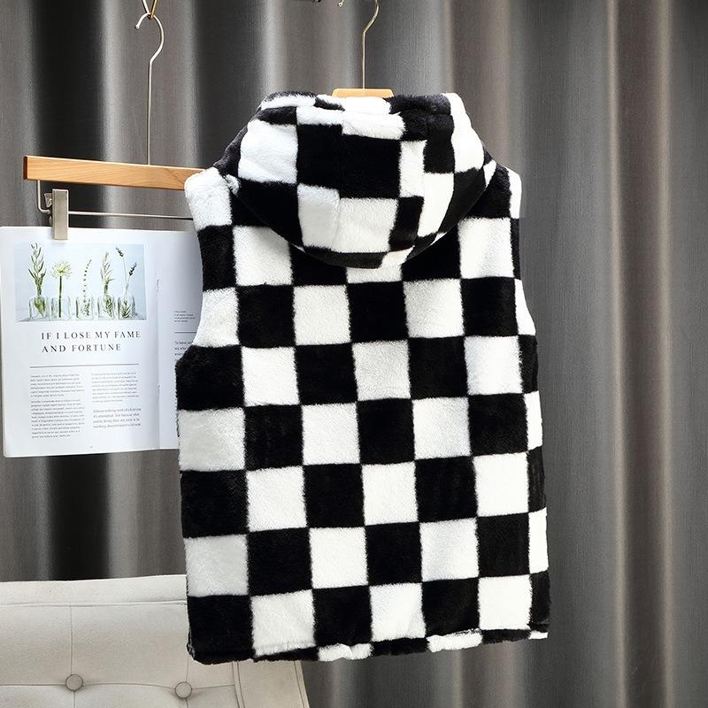 Chessboard plush vest trendy men's winter couple's cotton thickened sleeveless hooded jacket vest student vest