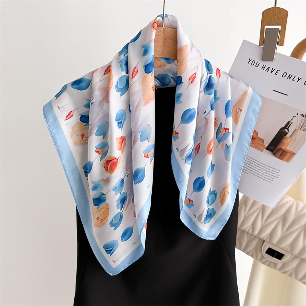New Elegant Floral Print Square Scarf Women Soft Satin Horse Hairband Neckerchief Office Hijab Headband Foulard Bag Ribbons Gift