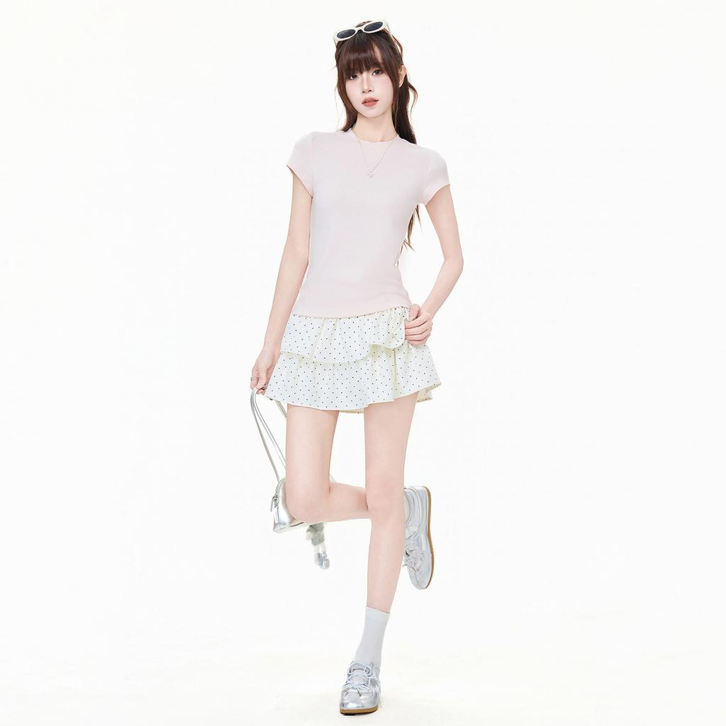 Design Sense Basic Crew Neck Front Shoulder Short Sleeve T-Shirt Women's Summer New Slim Skinny Pullover