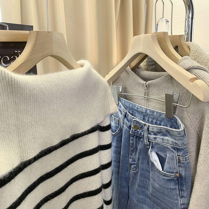 Women's Striped Zipper Knitted Sweater Knitwear Pullover Autumn Winter Clothes Loose Long Sleeved Sweater Korean Style 2023