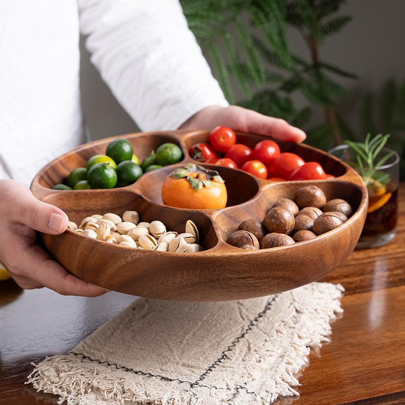Acacia Round Dried Fruit Dessert Plate Household Solid Wood Tray Serving Platter Pizza Plate Fruit Plate Dessert Snacks Tray