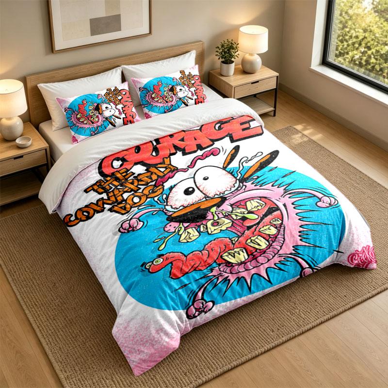 3Pcs Bedding SetCourage the Cowardly Dog Soft Bed Sheet and Two Pillowcases Home Bedroom Decor