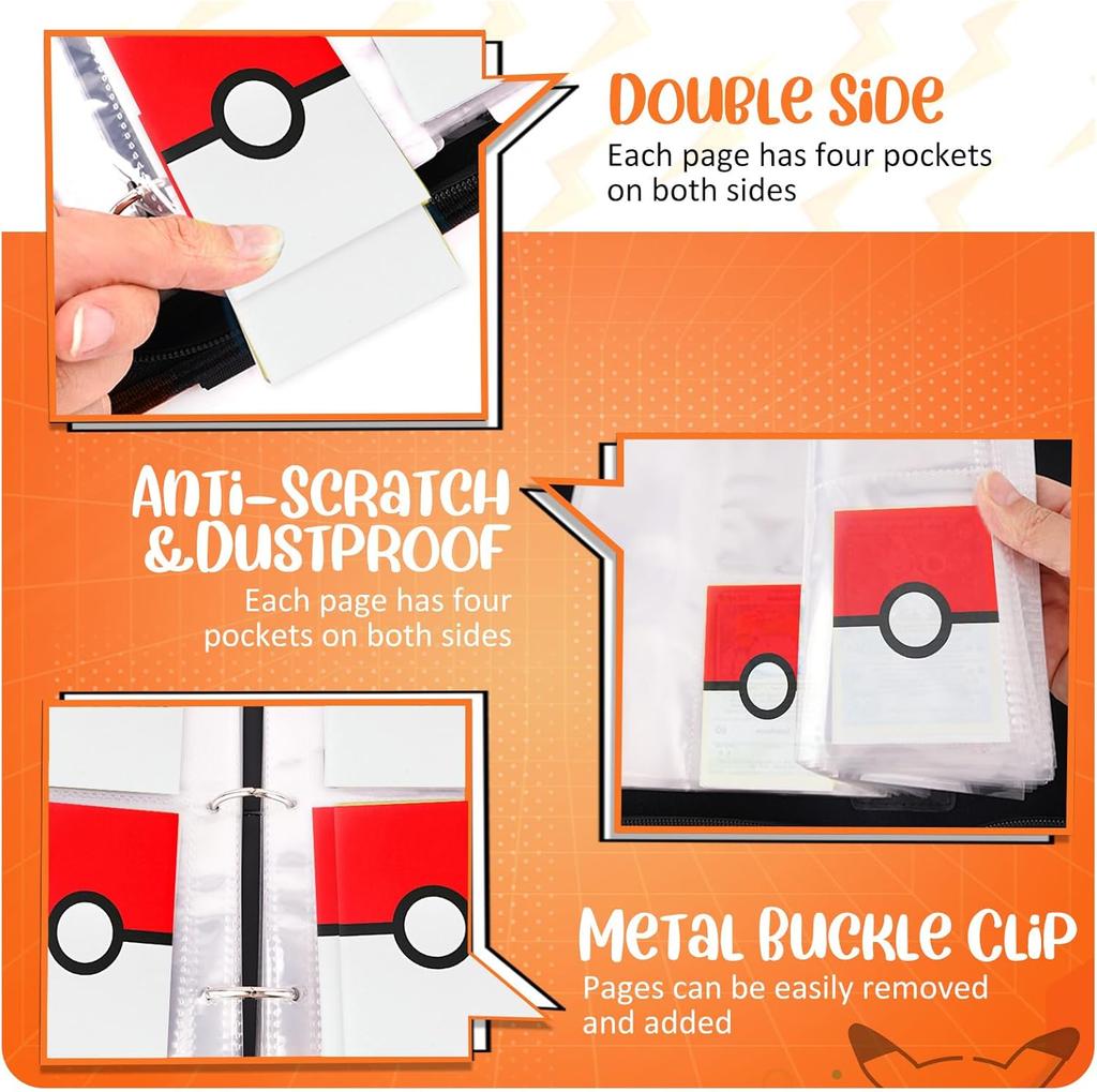 Card Binder 4 Pocket, Trading Card Holder Fits 400 Cards With 50 Removable Sleeves, Portable Collection Card Ablum, Game Card Case book With Zipper