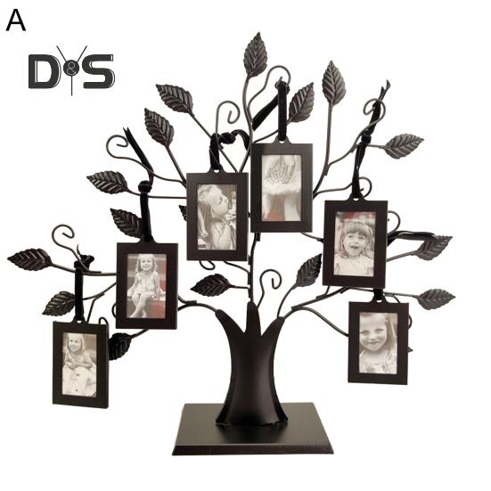 Family Tree Picture Frame Metal Tree Photo Frame Stand with 6 Ornamental 1.77" X 2.56"/2.17" X 3.15" Frames for Wall Table Decor