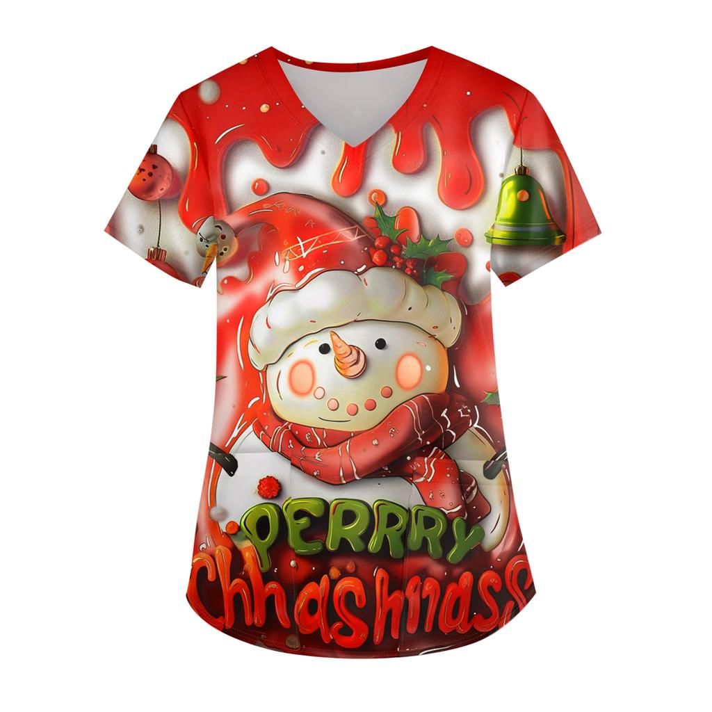 Ladies' Christmas Printed Fashionable V-neck Pocket Short Sleeved  Uniform And Caregiver Top