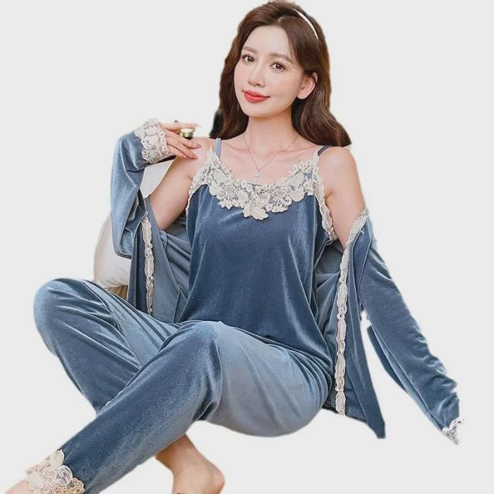 Korean Velvet Lace Pajama Set: Winter 3-Piece Women's Sling Suit