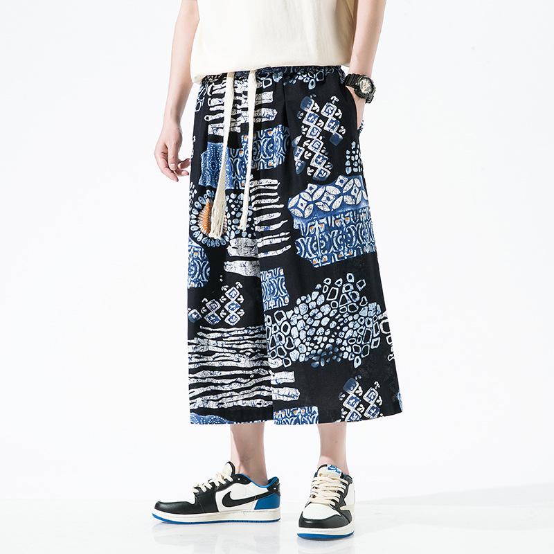 2022 Men's Summer Chinese Print Cotton Linen Capri Pants, Plus Size, Casual Wide Leg Style