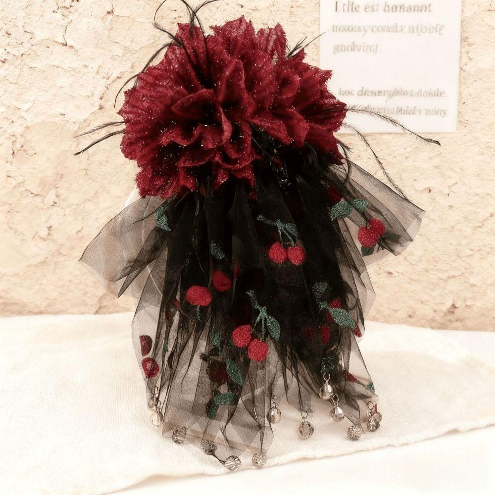 Mesh Peony Flower Hair Clips Crystal Fluffy Shark Clip Elegant Mesh Tassels Hair Claw  Women