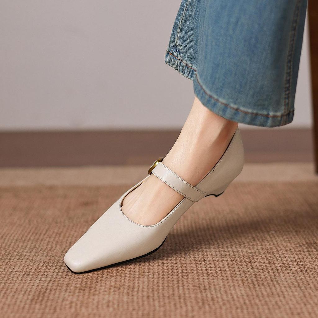 Krazing Pot Microfiber Square Toe Thick Med Heels Spring Summer Shoes Big Size 43 Metal Buckle Beauty Women Shallow Pumps