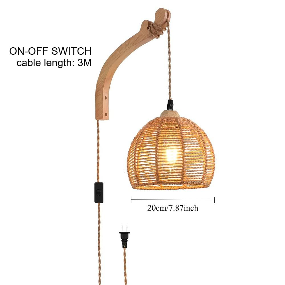 Rustic Wall Lamp with Plug in Cord Vintage Rattan Wall Light Lamp Fixture Farmhouse Sconces for Bedroom Bedside Living Room