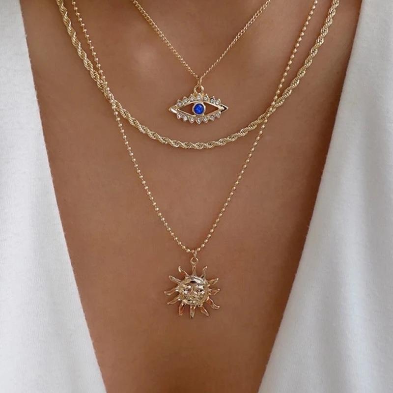 Stacked sunflower pendant, retro multi-layer necklace, niche high-end cross, love collarbone chain