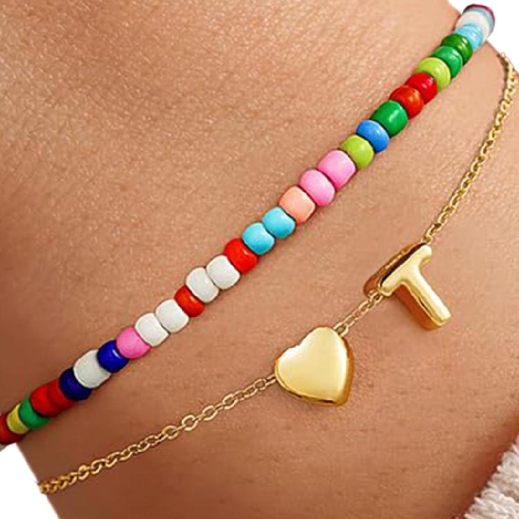 

Double Layer Heart Charm Bracelet With Colorful Beads Initial Letter Copper Jewelry Bangle For Women Teenage Girls