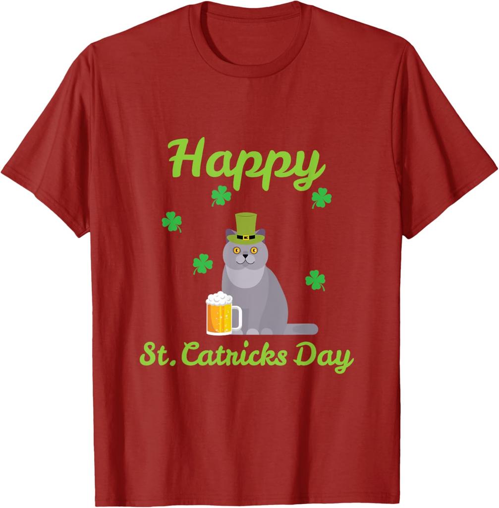 St Catricks Day Funny Cat Wearing Leprechaun Hat Beer Graphic Tee Casual TShirt