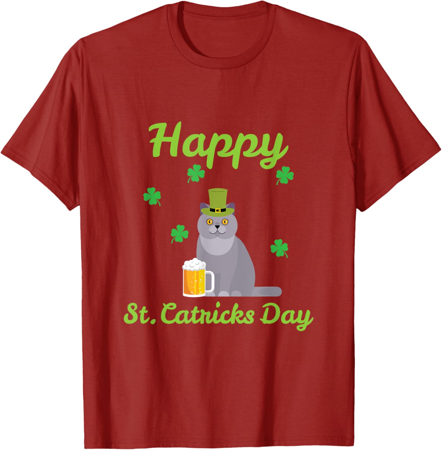 St Catricks Day Funny Cat Wearing Leprechaun Hat Beer Graphic Tee Casual TShirt S
