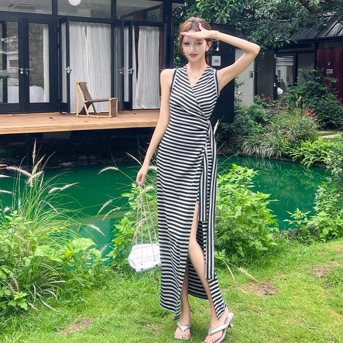 Women s Sexy Off-Shoulder V-Neck Cross-Strap Stripe Dress with Slit M