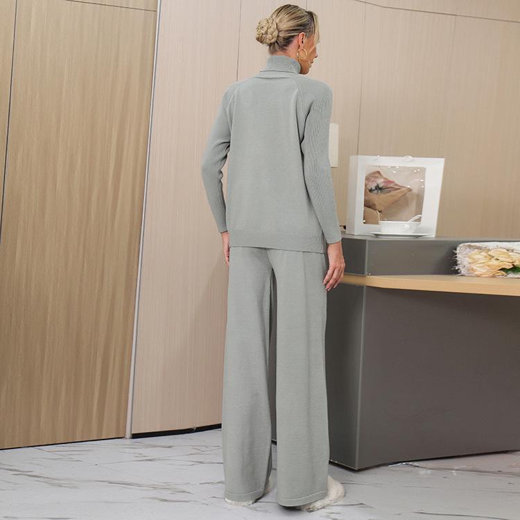 Solid Color High Neck Sweater & Wide Leg Pants Set - Women's 2024 Autumn/Winter Two-Piece