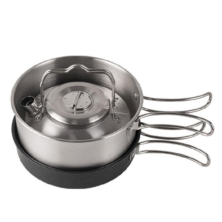 Stainless Steel Camping Cookware Set with Folding Lid Camping Pot Pan Kettle Set