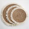 1pc Handwoven Cattail Grass Table Placemats, Round Tassel Decorative Mats, Tabletop Decor, Heat Insulation Pads, Boho Kitchen Decor, Coffee Coasters