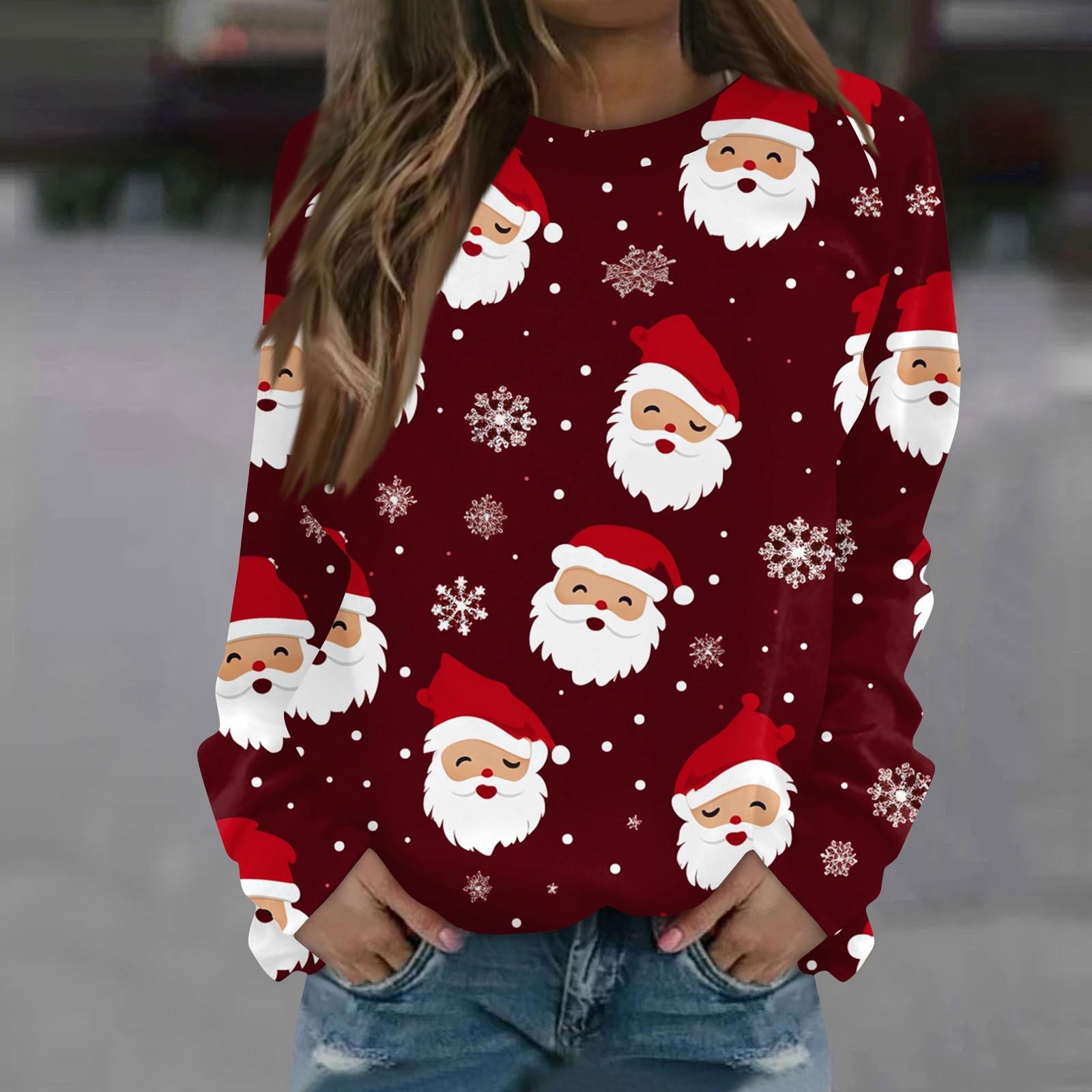 

Женская повседневная мода с рождественским принтом и длинным рукавом с круглым вырезом, пуловер, блузка, толстовка XXL