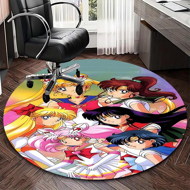 1pc Sailor Moon Round Carpet for Office Chair Mat, Anime Cartoon Design, NonSlip Rug, Suitable for Home Decor, Living Room, Bedroom
