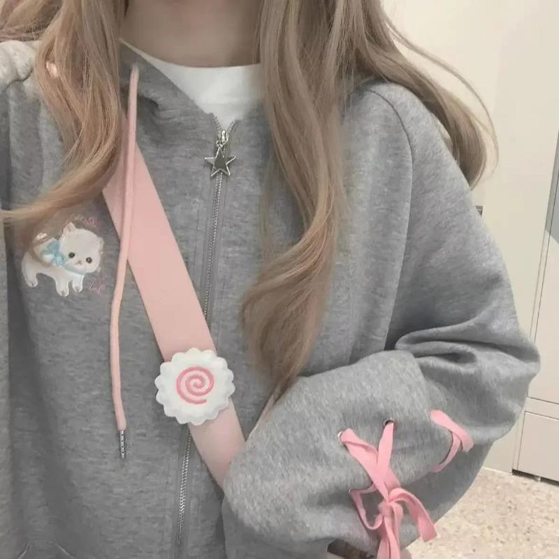 Mikina s kapucí Kawaii Sweet Harajuku Ženy Japonská móda Roztomilá kočka výšivka Pásky na zip Mikina s kapucí Soft Gril 2023