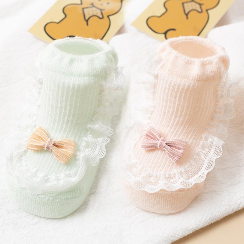 2 Paar/Set Baby Schleifen Socken Für Mädchen Baumwolle Spitze Socken Säugling Mädchen Kinder Socke Freizeit Weich Sommer Kleinkind Neugeborenen Socken Für Kinder