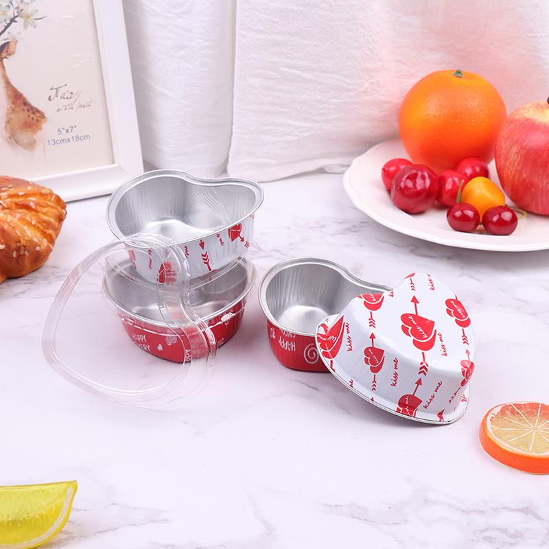 10Pcs/Set 100Ml Heart Shaped Aluminum Foil Cake Cup With Lids Baking Pans