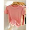 Women's Summer Short Sleeve Knitted T-shirt New Fashion O Neck Beaded Knit Elegant Short Top Female Casual Simple Solid Color Ladies Tshirt 3112