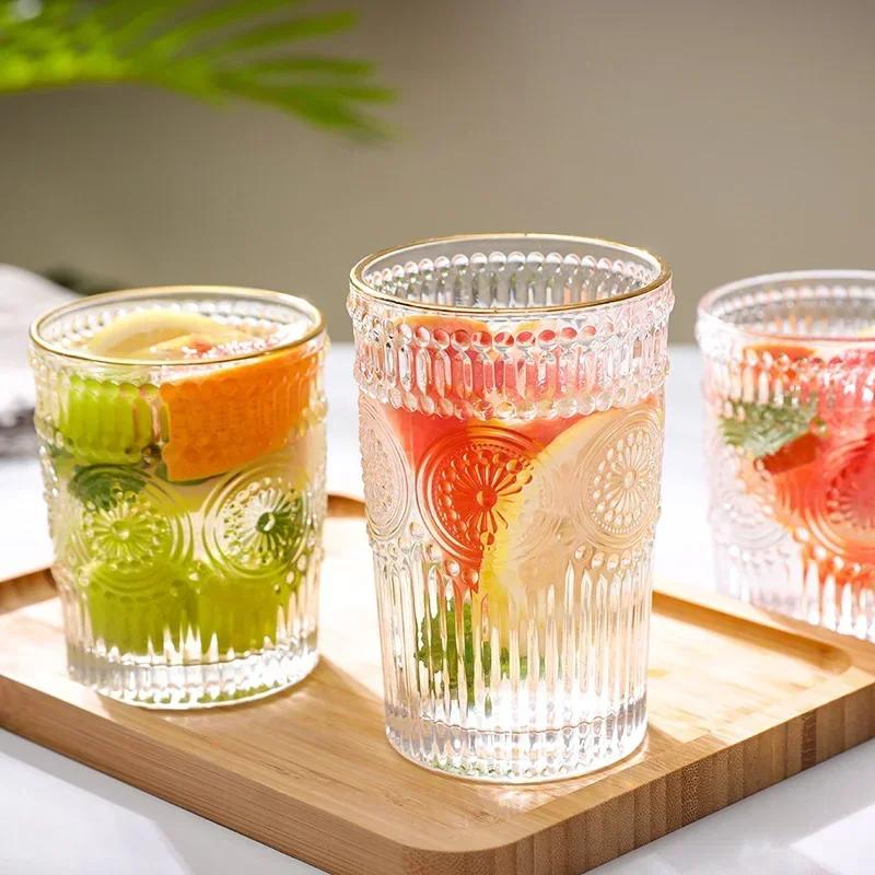 GIANXI Anaglyph Glass Cup Transparent High Temperature Resistance Thicken Glass Cups Retro Sun Flower Pattern Glasses Drinkware